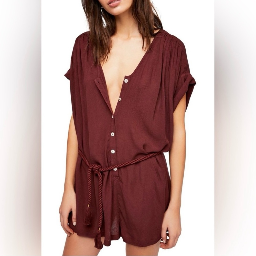 Free People Burgundy Spanglish Endless Summer Short Sleeve Button Romper size XS